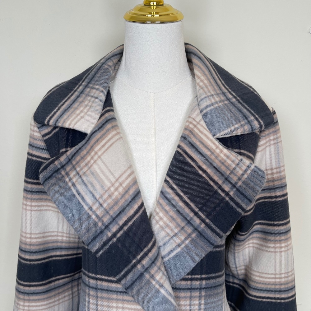 Hollister Plaid Double Breasted Trench Pea‎ Coat Womens M Beige Blue Gray Lined - Picture 3 of 10